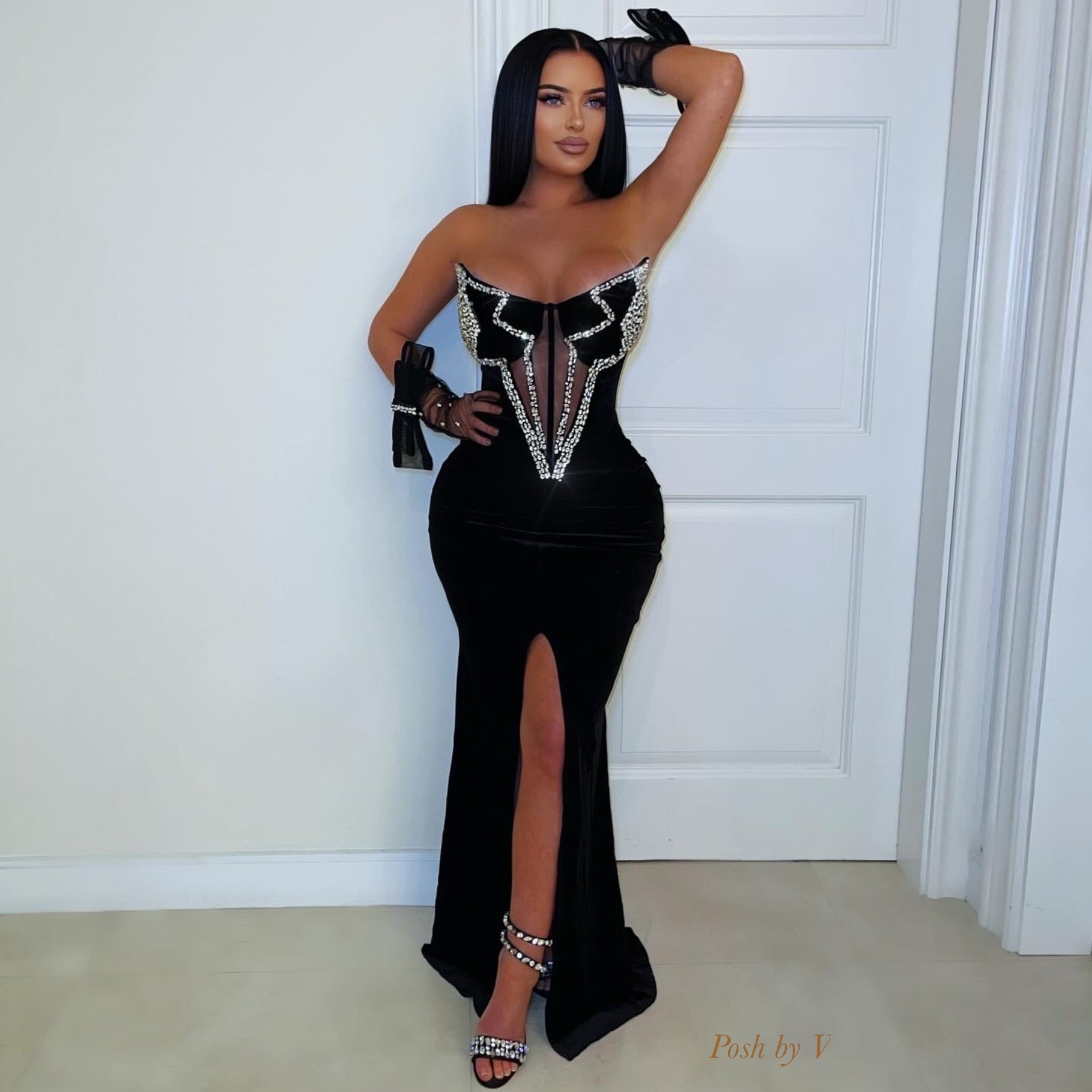 Dilina corset velvet dress w/gloves (Black)