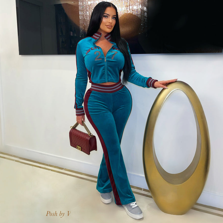 Archives velvet jogger set (Turquoise/wine)