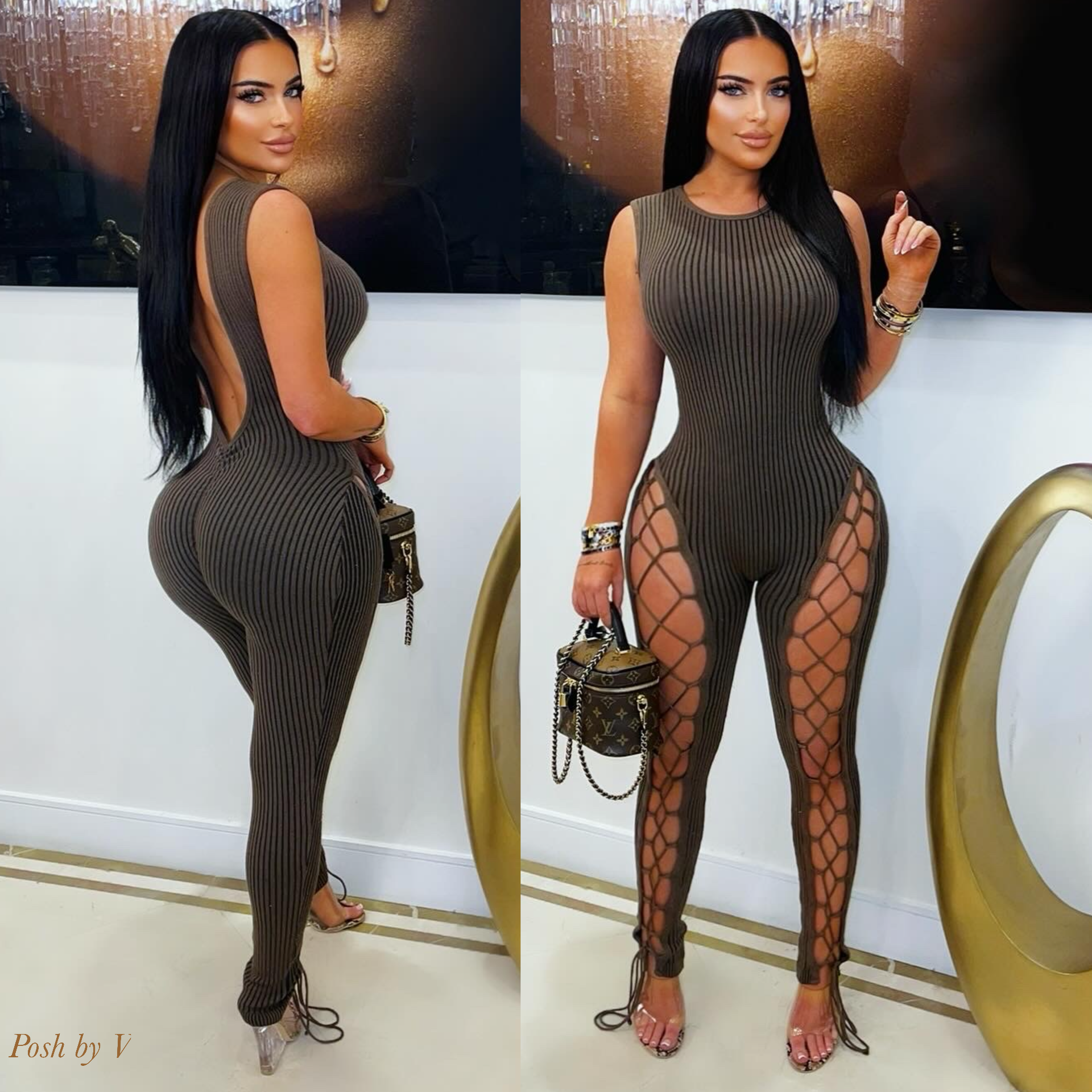 Megan laced rib jumpsuit (Brown)