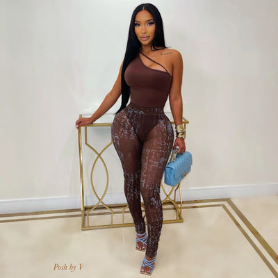 Posh slit bodysuit leggings set (Brown/blue)