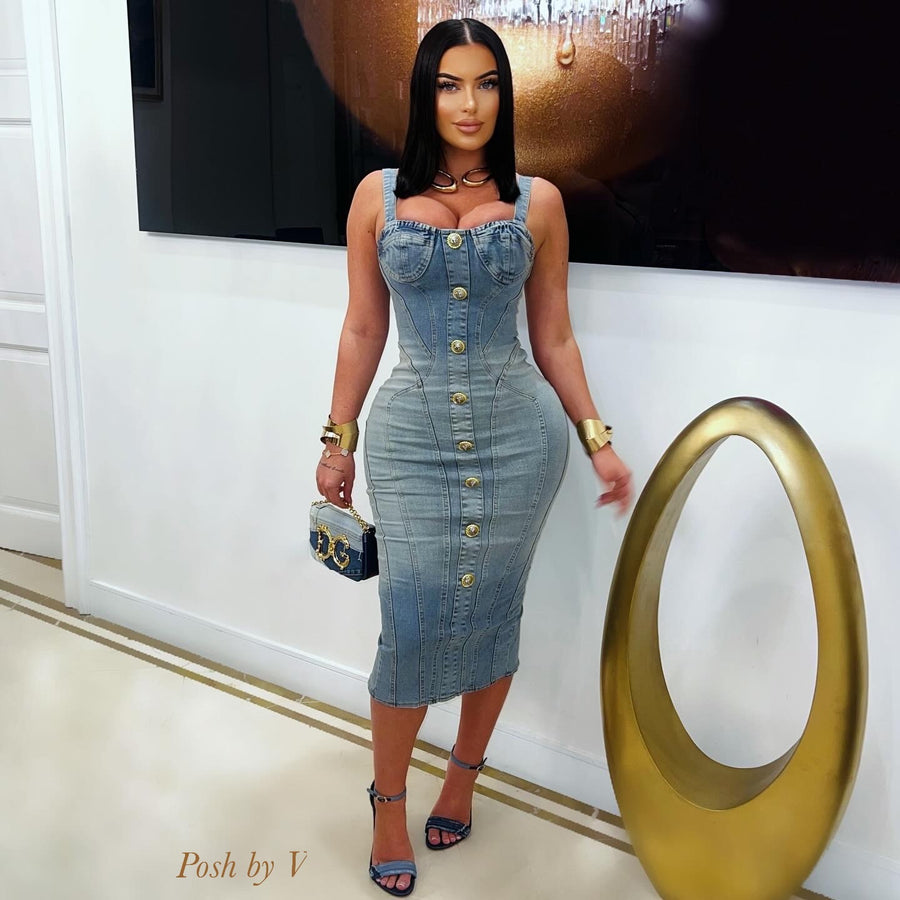 Sarah denim midi dress (Blue/gold)