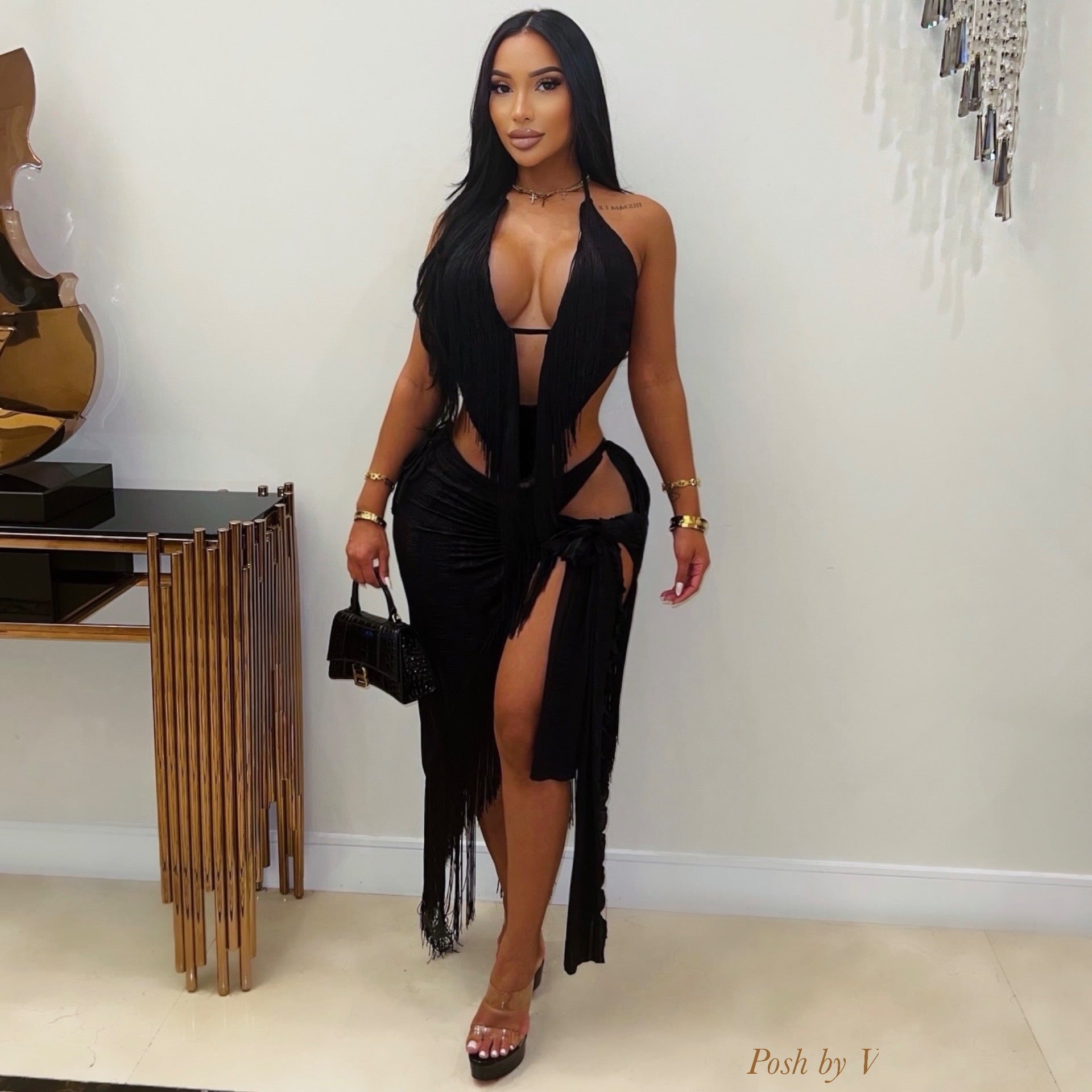 Lelin fringe skirt set (Black)