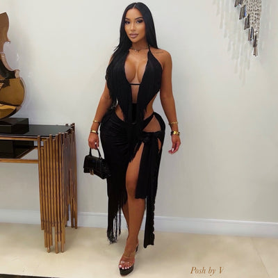 Lelin fringe skirt set (Black)