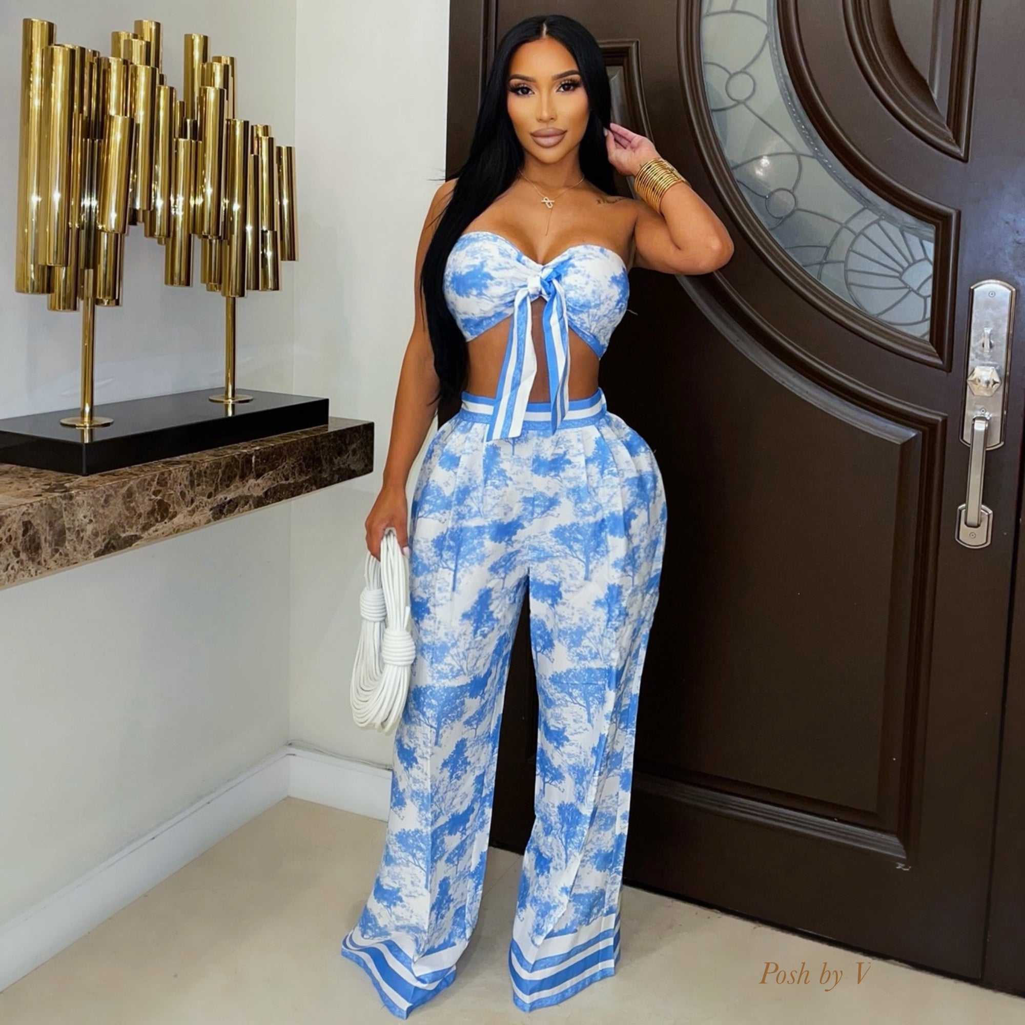 Baha palazzo pants set (Ivory/Blue)