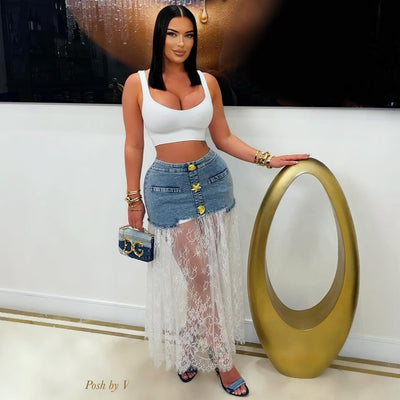 Cabo lace denim skirt (Blue/white)