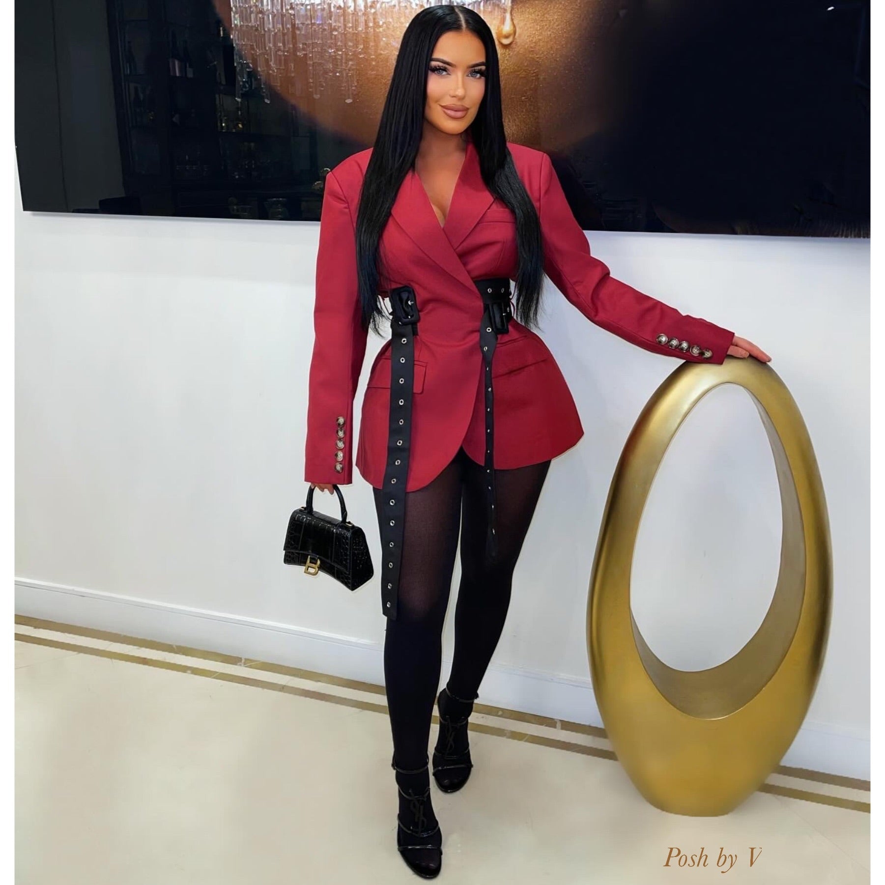 Kaliz belted blazer dress (Burgundy/black)