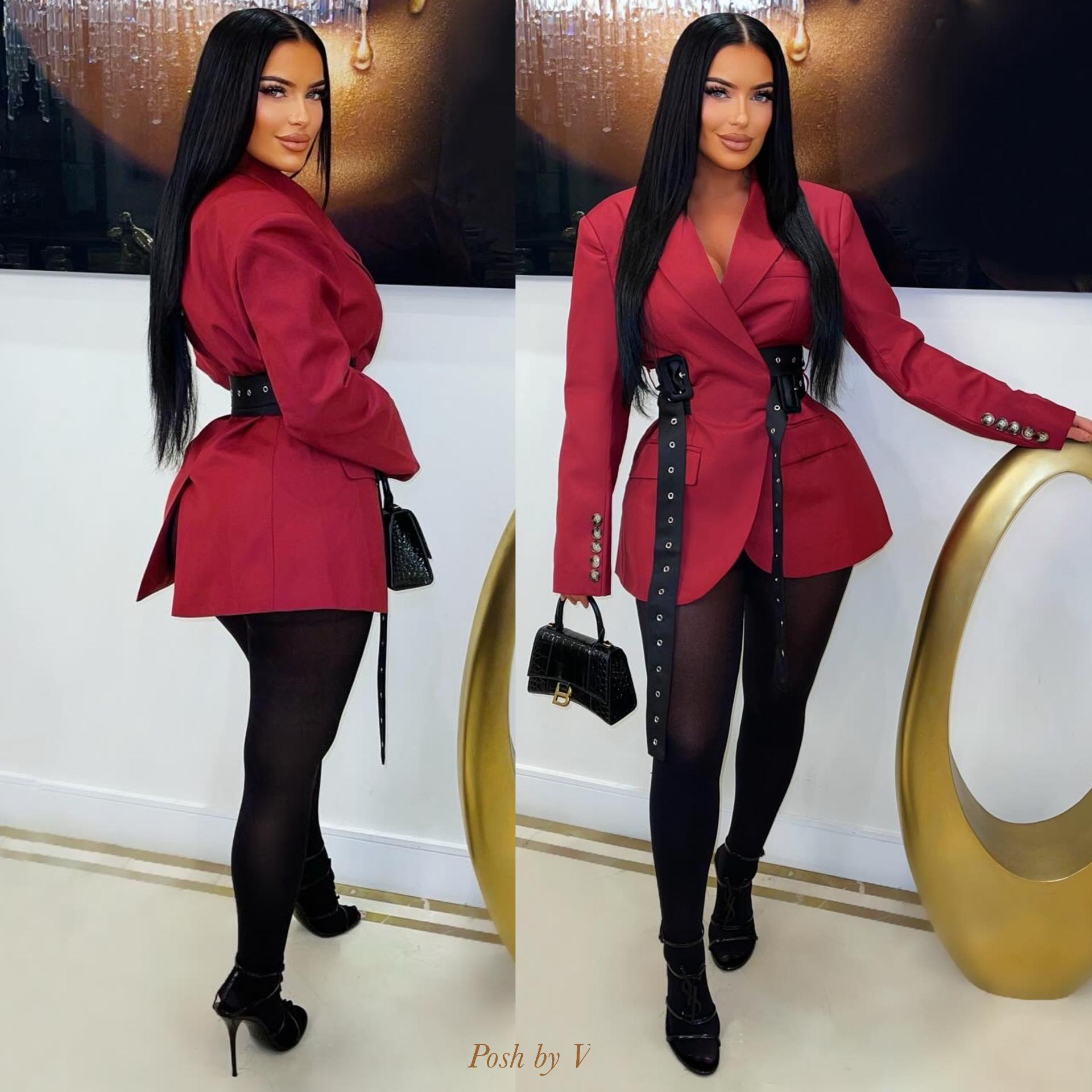 Kaliz belted blazer dress (Burgundy/black)