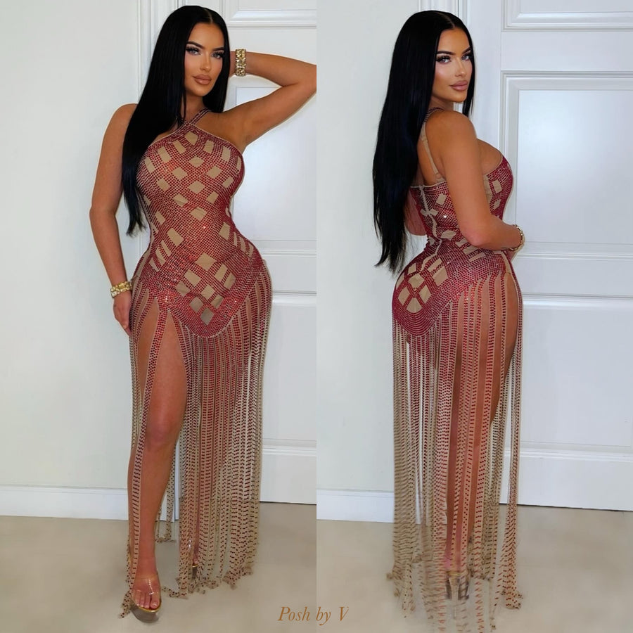 Sorala crystal fringe dress (Red/nude)