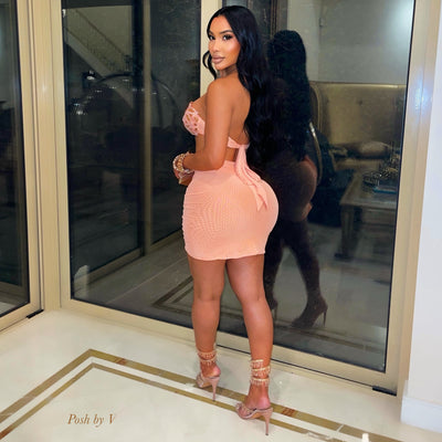 Posh ruched crystal skirt set (Peach)