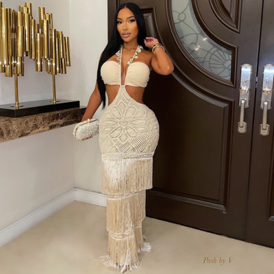 Sands seashell crochet fringe dress (Beige)