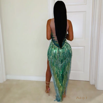 Nia crystal bodysuit w/train (Light nude/emerald)