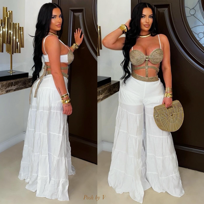 Raffia palazzo jumpsuit (Brown/white)