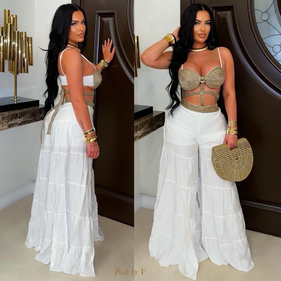 Raffia palazzo jumpsuit (Brown/white)