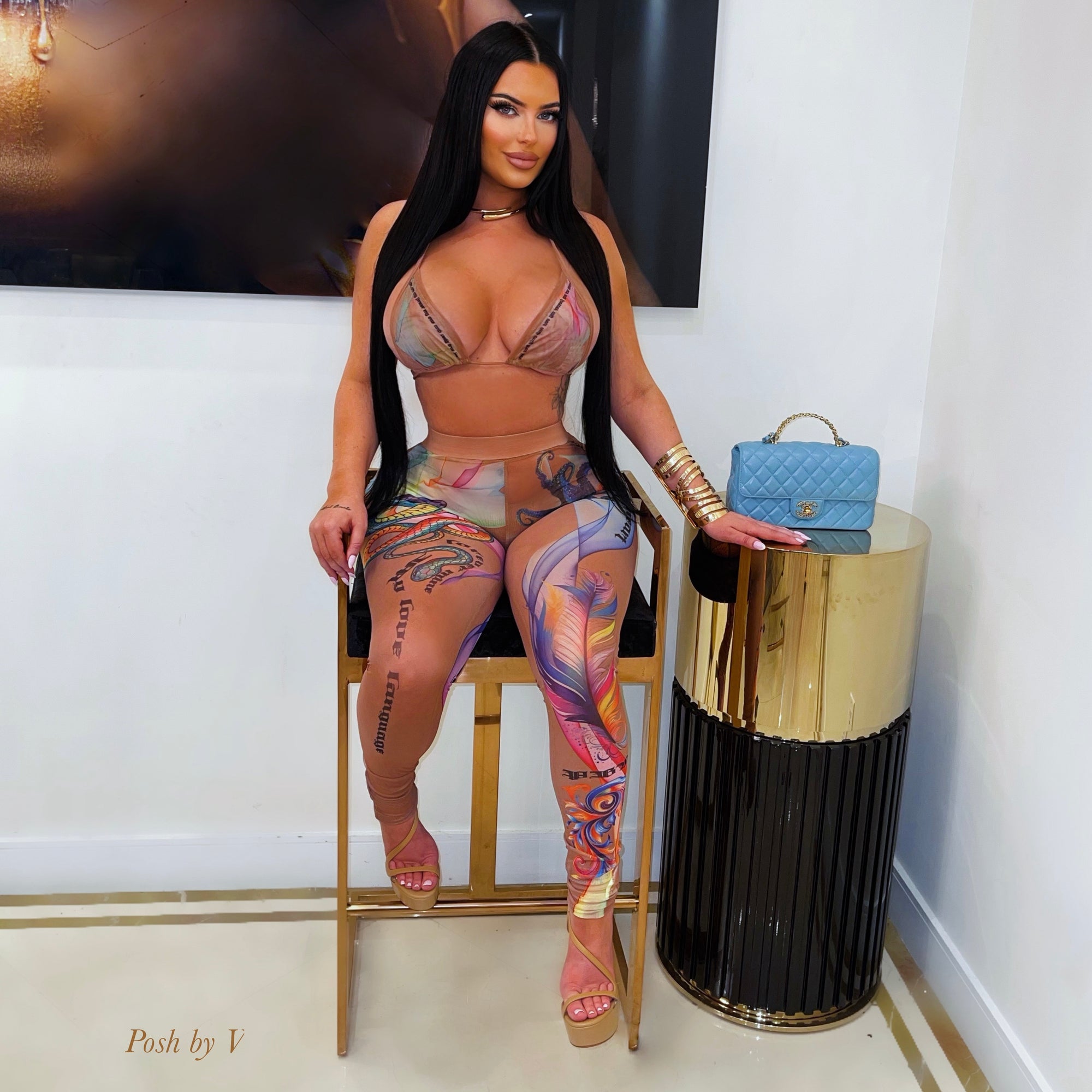Posh tatted 3pcs bikini set w/leggings (Nude multi)