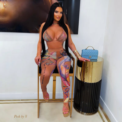 Posh tatted 3pcs bikini set w/leggings (Nude multi)