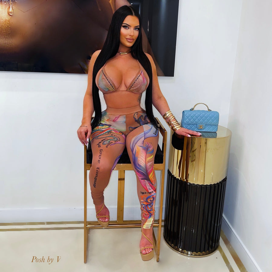 Posh tatted 3pcs bikini set w/leggings (Nude multi)