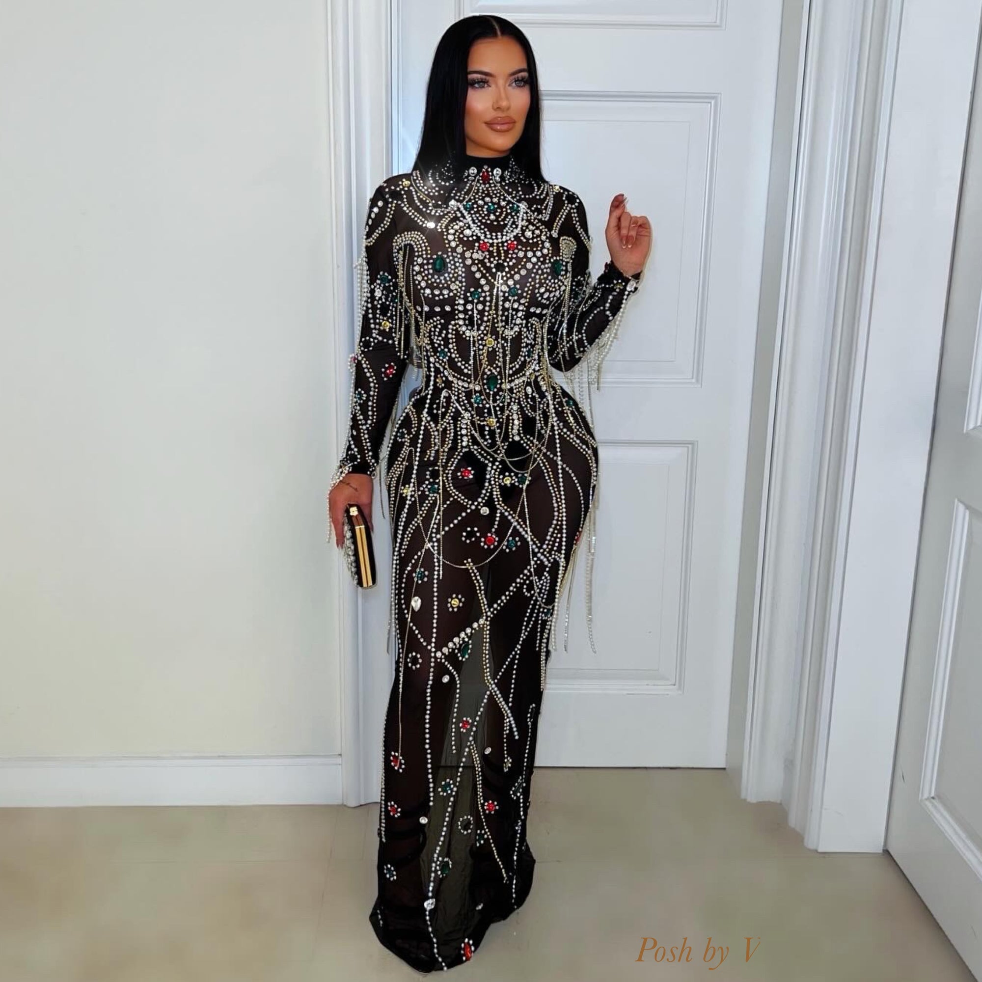 Luxe charm crystal chain dress (Black/multi)