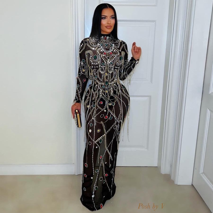 Luxe charm crystal chain dress (Black/multi)