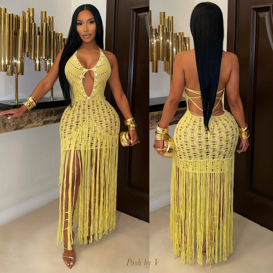 Villa crochet fringe dress (Yellow)