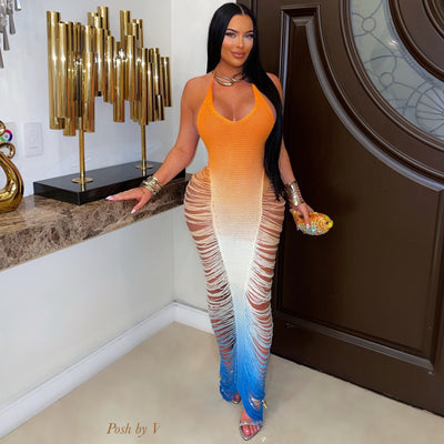 Ola crochet fringe dress (Orange/blue/white)