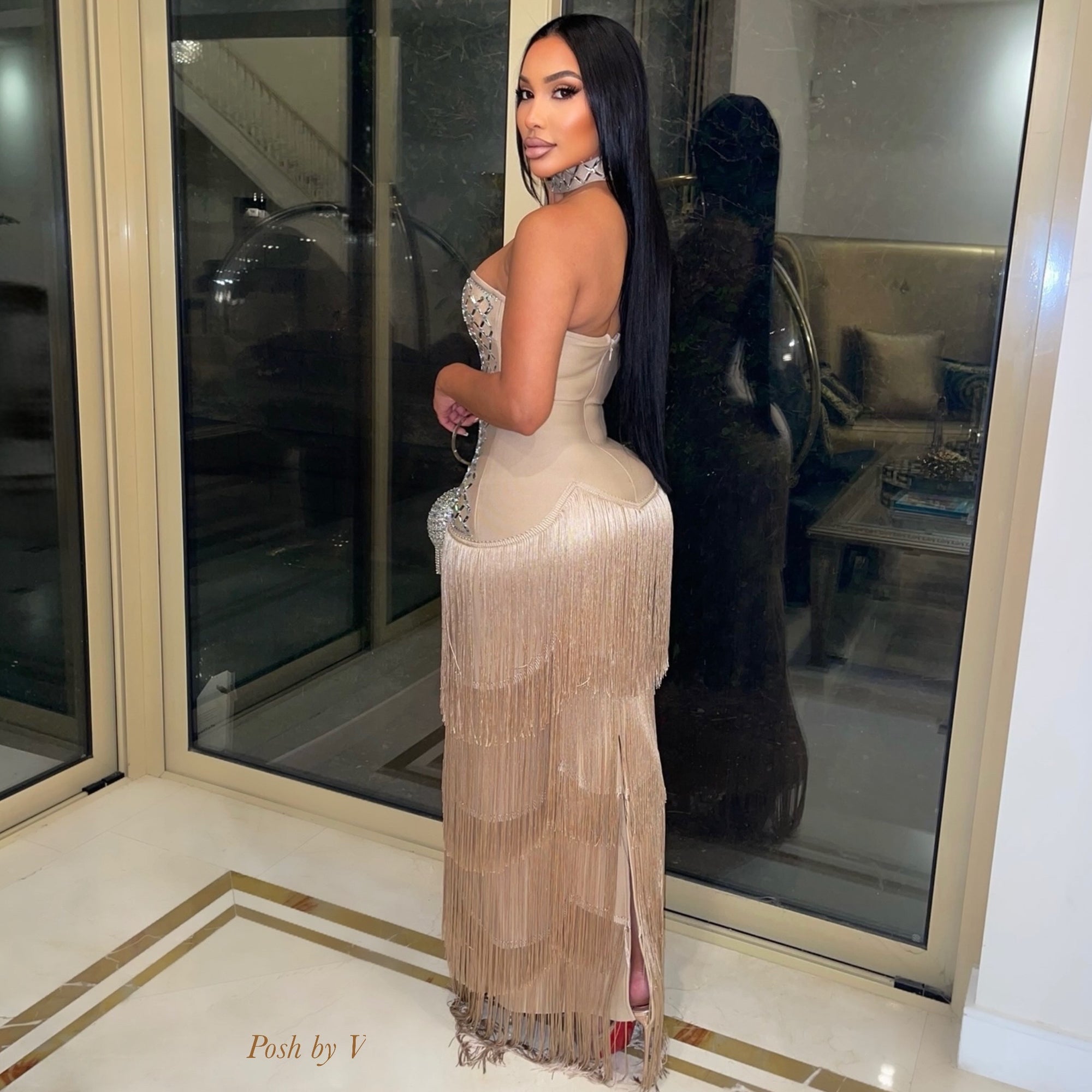 Que crystal bandage tassel dress (Taupe)