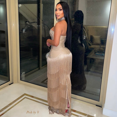 Que crystal bandage tassel dress (Taupe)