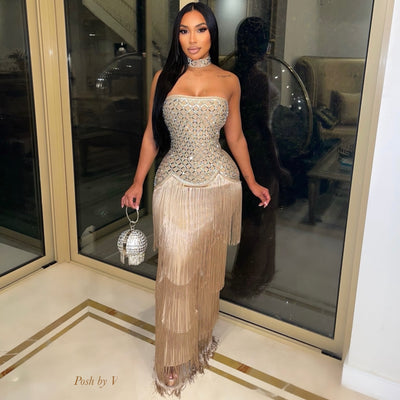 Que crystal bandage tassel dress (Taupe)