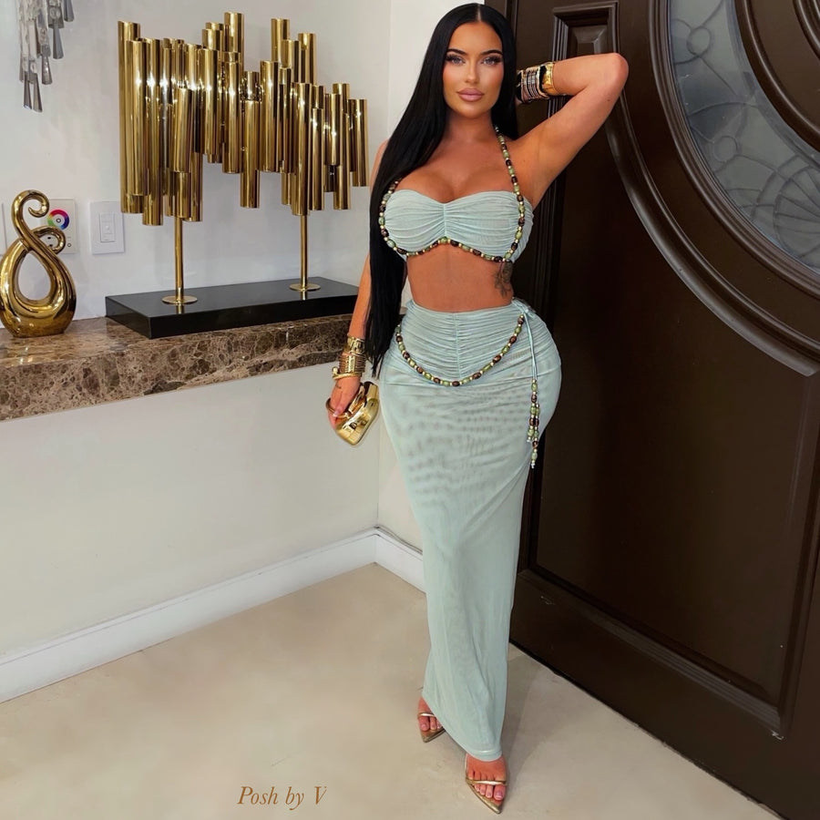 Jade beaded skirt set (Sage)