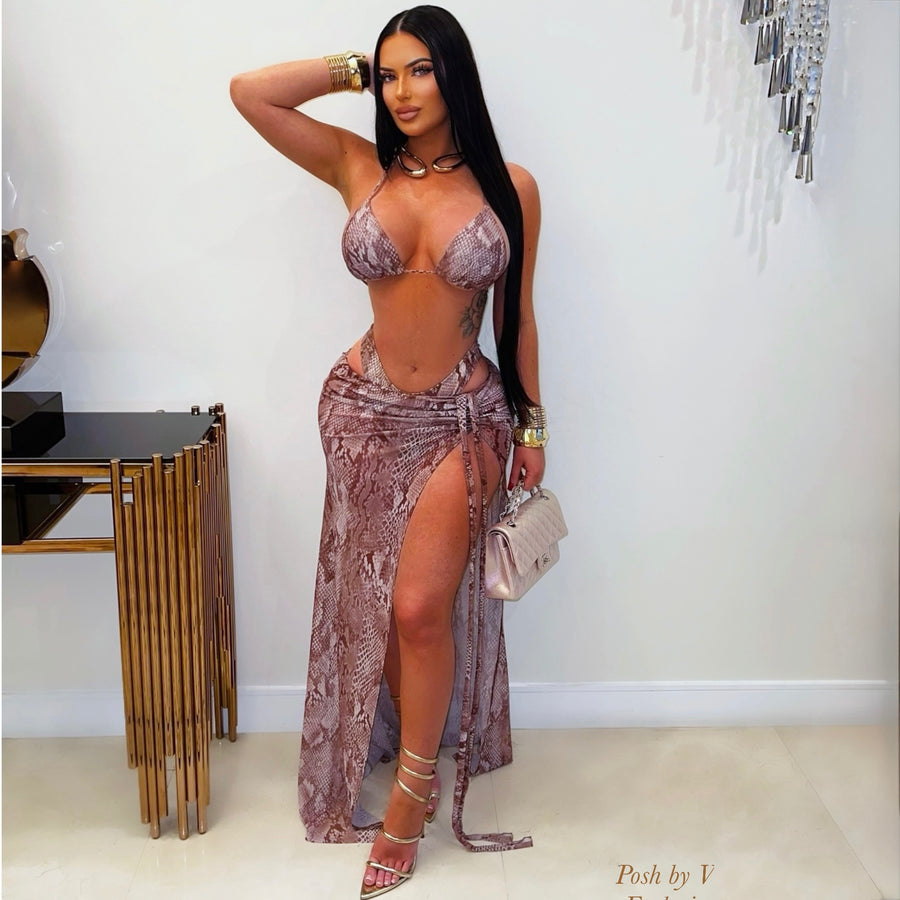Goya snake 3pcs bikini skirt set (Brown)