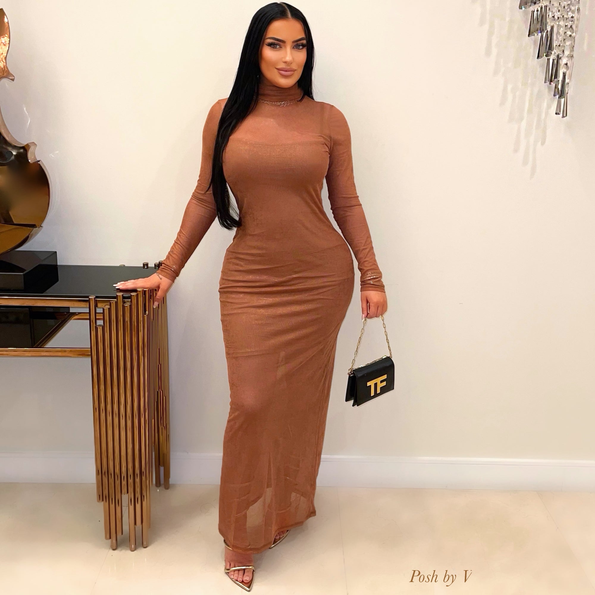 brown mesh maxi dress Self-portrait - Brown Rhinestone Mesh Maxi Dress