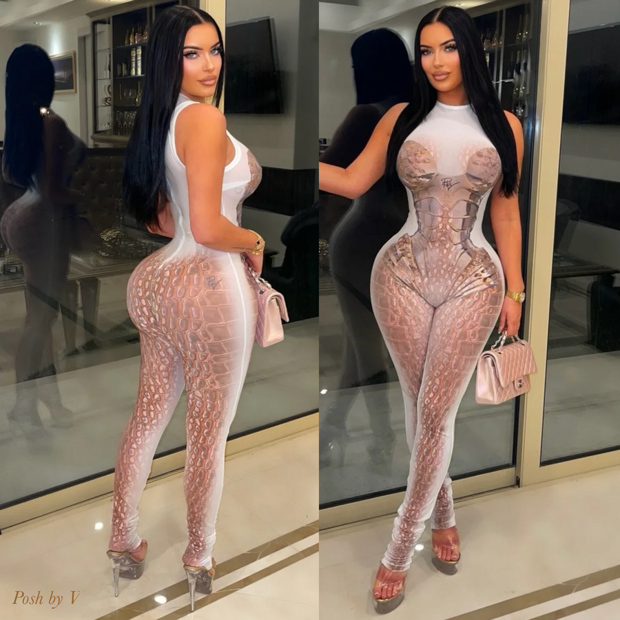 Posh croc body jumpsuit (White/brown)