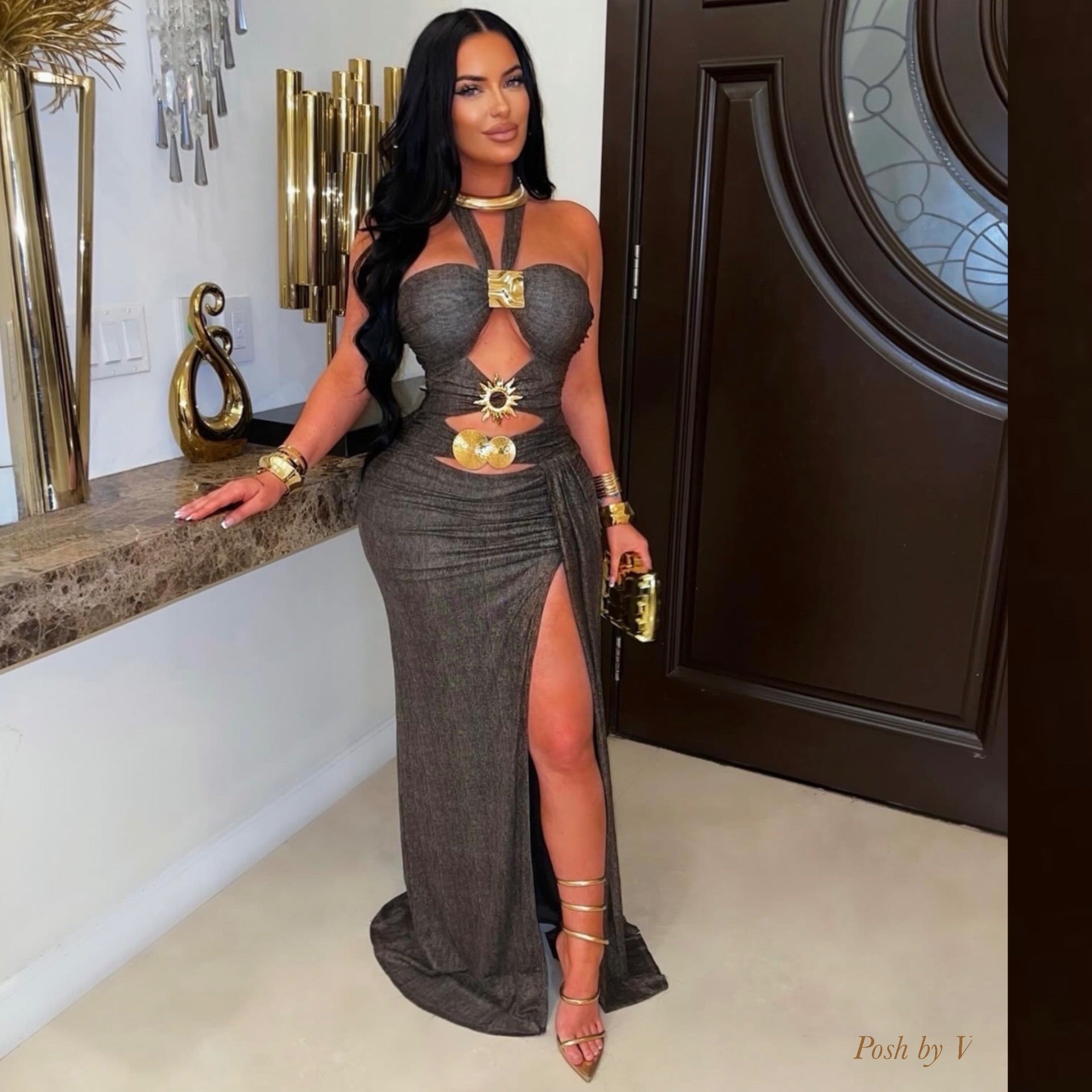 Jade glam maxi dress (Brown/gold)