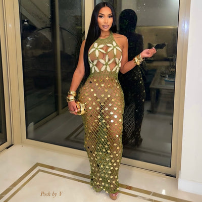Flora crochet maxi dress (Olive/ivory)