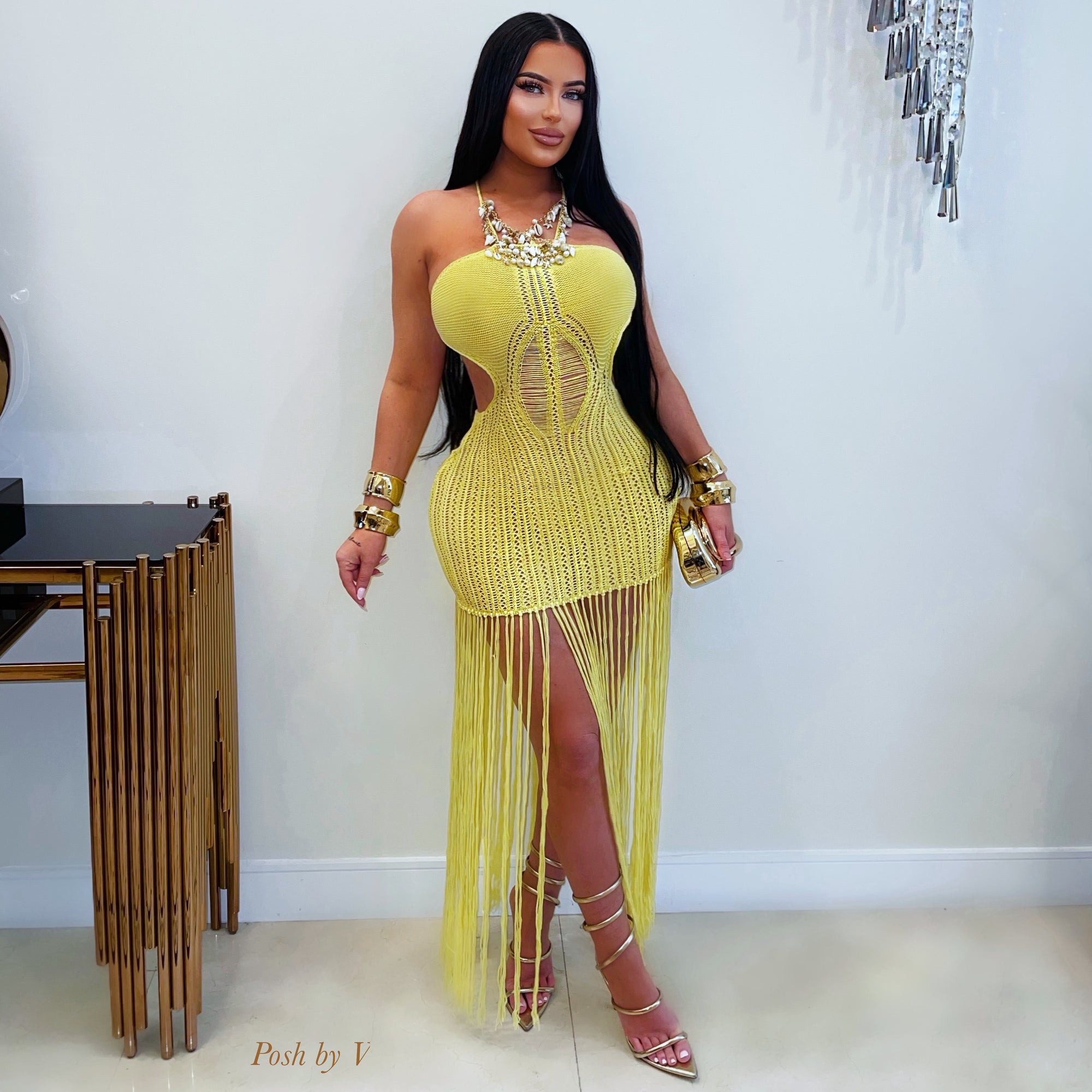 Aruba crochet fringe dress (Yellow)