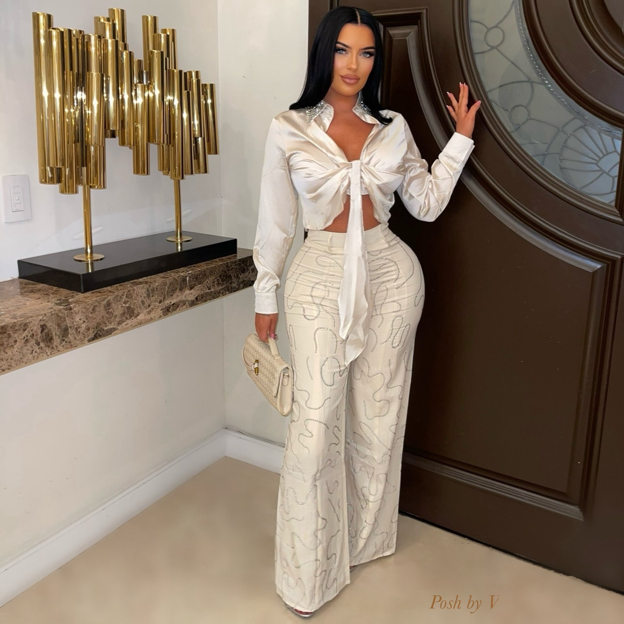 Elia glam palazzo pants set (Ivory)
