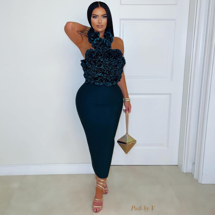 Roses bandage midi dress (Emerald)