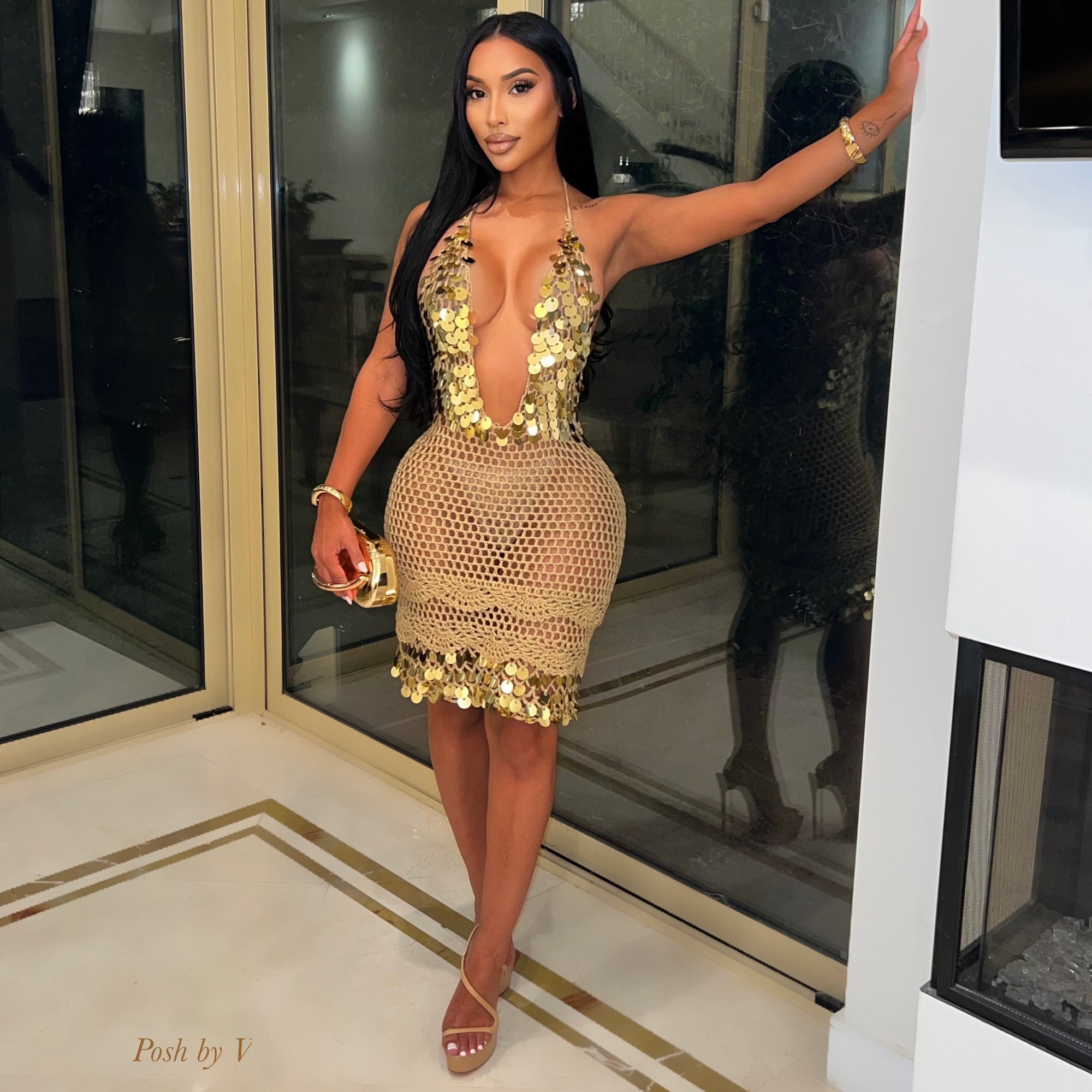 Sevyn crochet glam dress (Nude/gold)