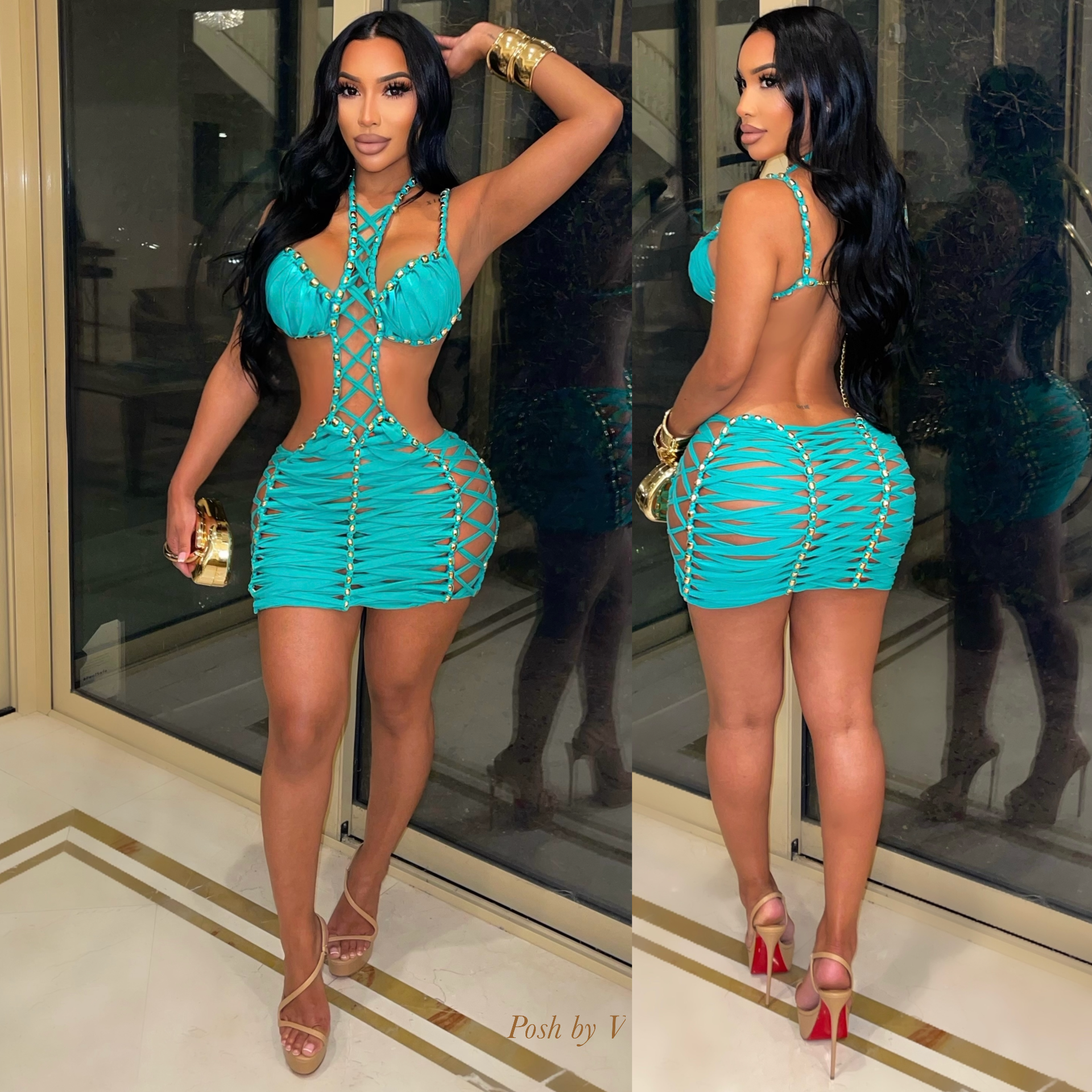Paloma caged mini dress (Tiffany blue/gold)