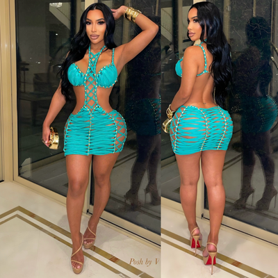 Paloma caged mini dress (Tiffany blue/gold)
