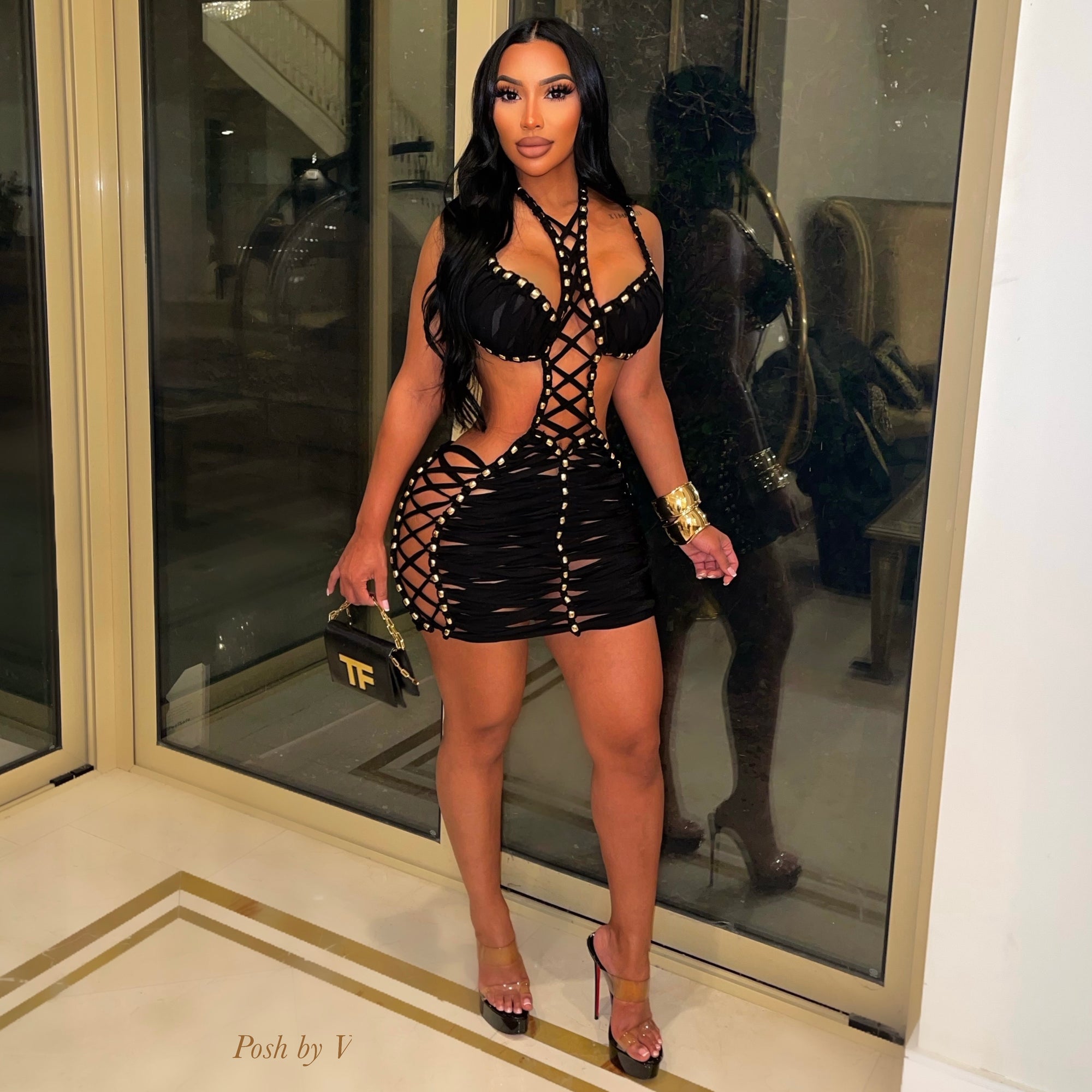 Paloma caged mini dress (Black/gold)
