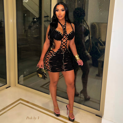 Paloma caged mini dress (Black/gold)