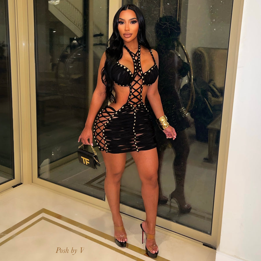 Paloma caged mini dress (Black/gold)