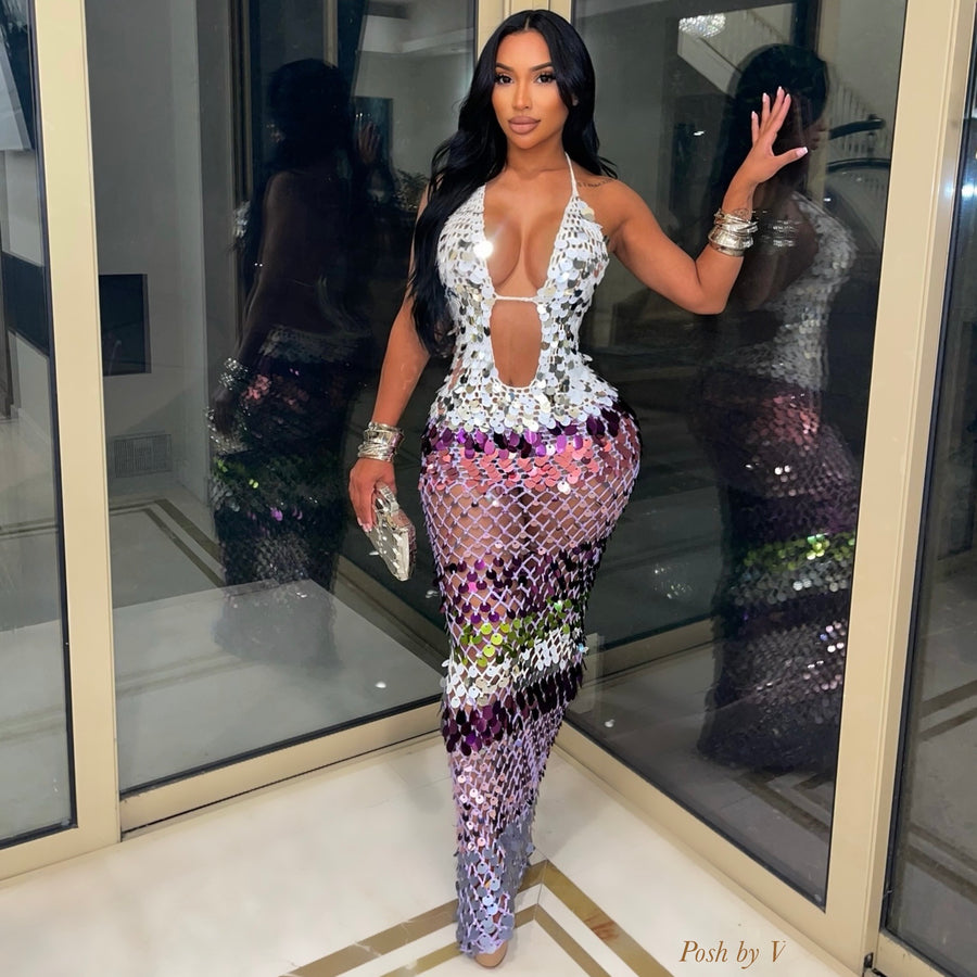 Ezique mermaid dress (White Multi)