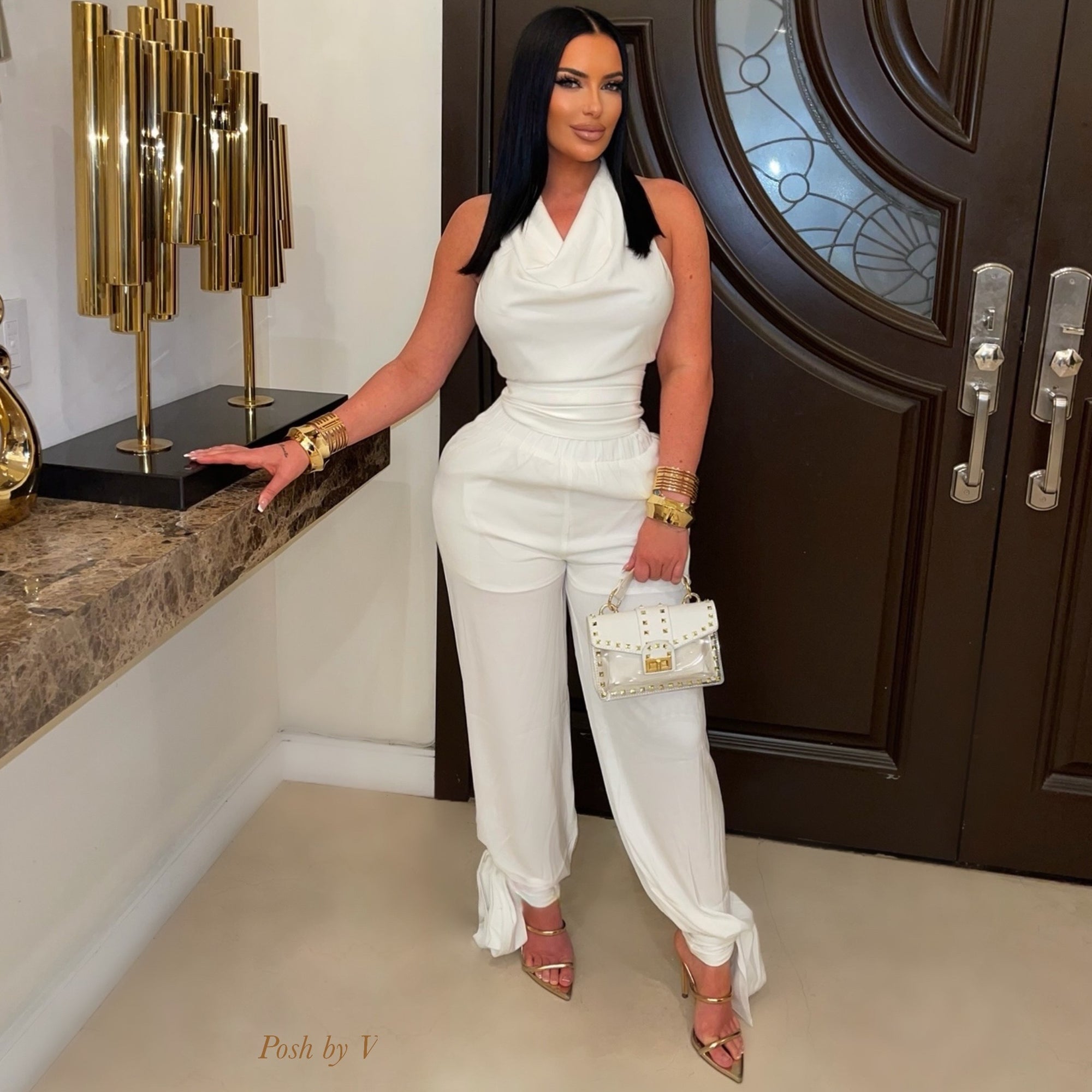 Reign silky pants set (White)