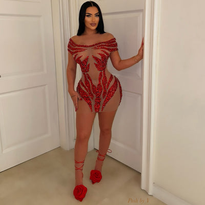 Cassie crystal dress (Red/nude)