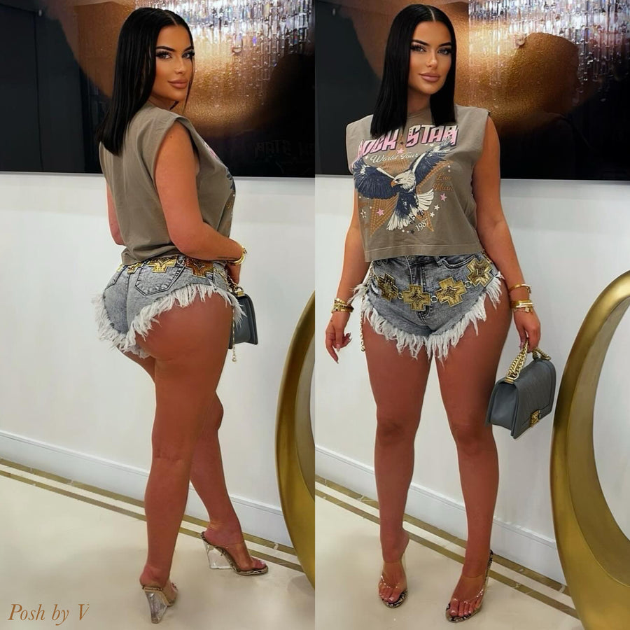 Aja denim fringe shorts (Grey/black)