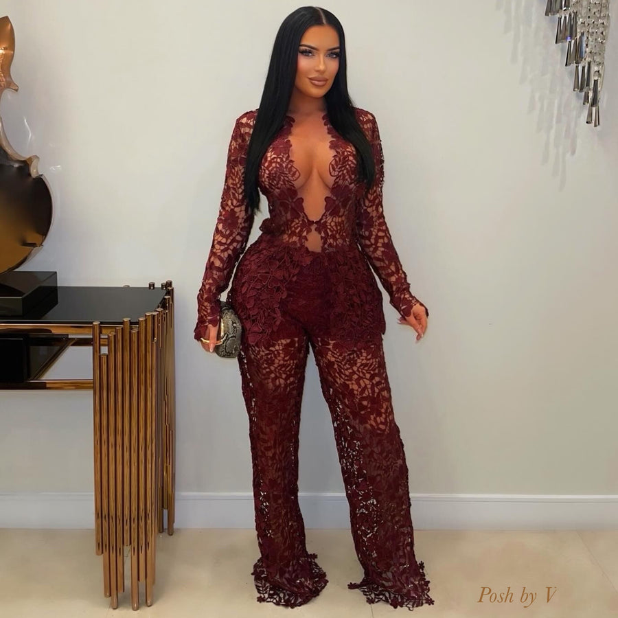 Indira Embroidered Pants Set (Wine)