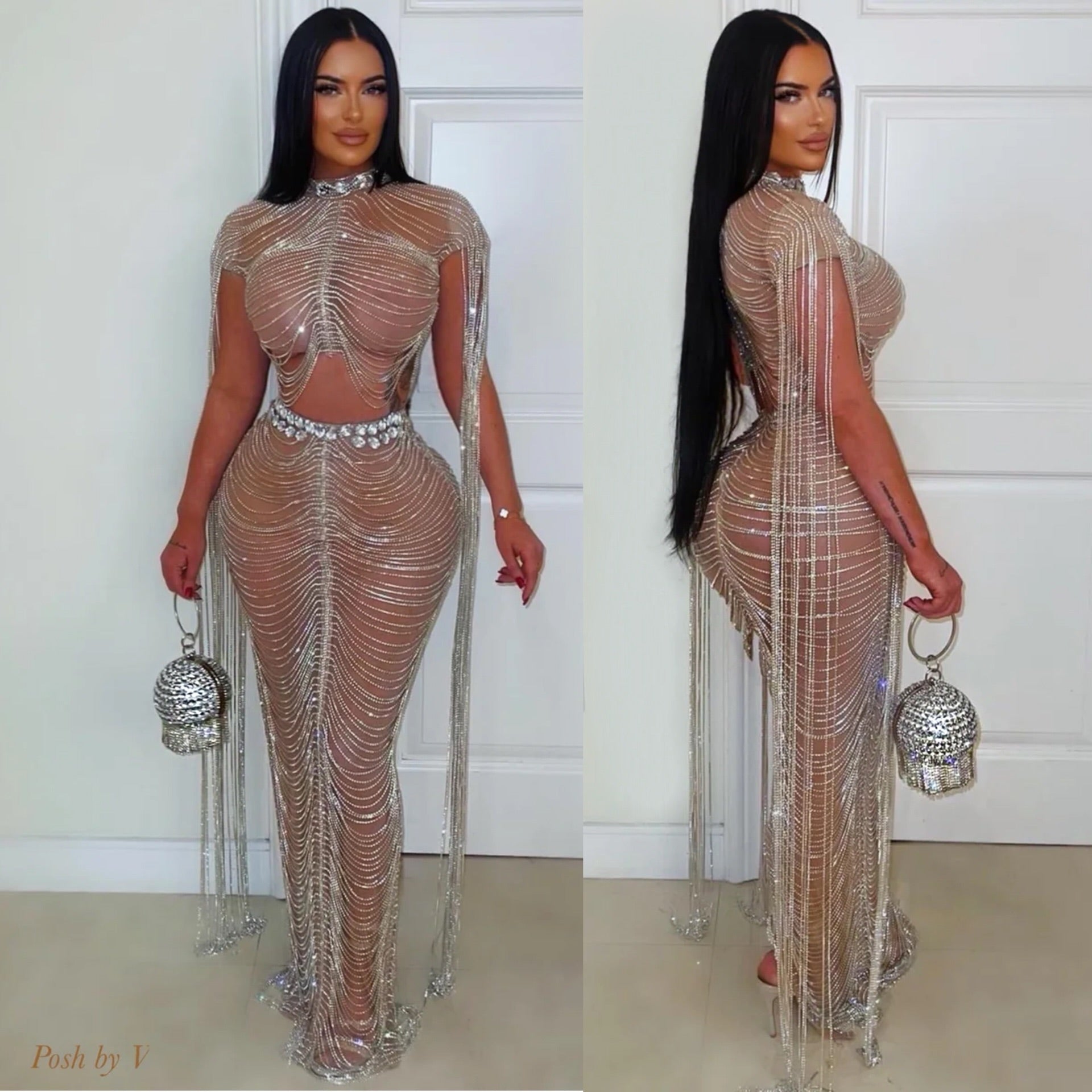 Luxure crystal chain skirt set (Nude/Silver)