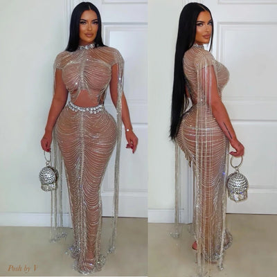 Luxure crystal chain skirt set (Nude/Silver)