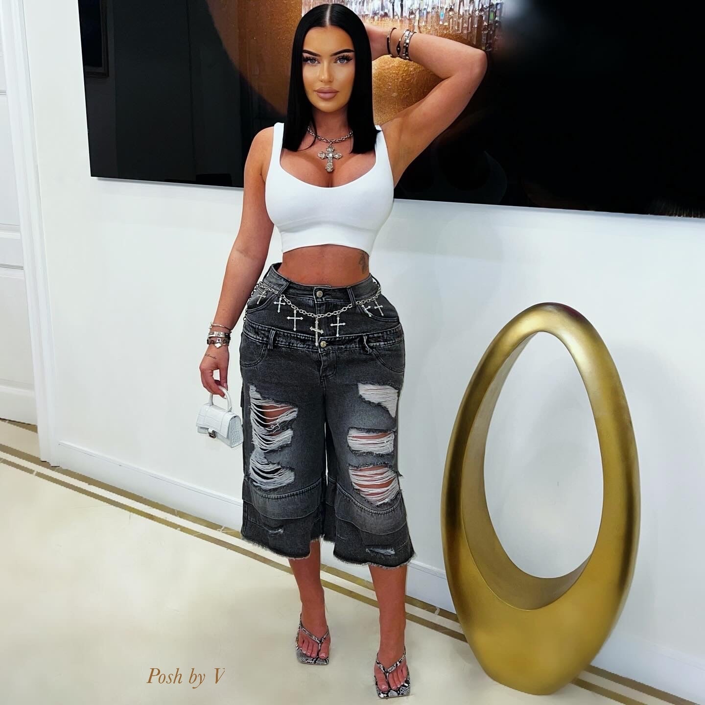 Double waist denim shorts (Black)